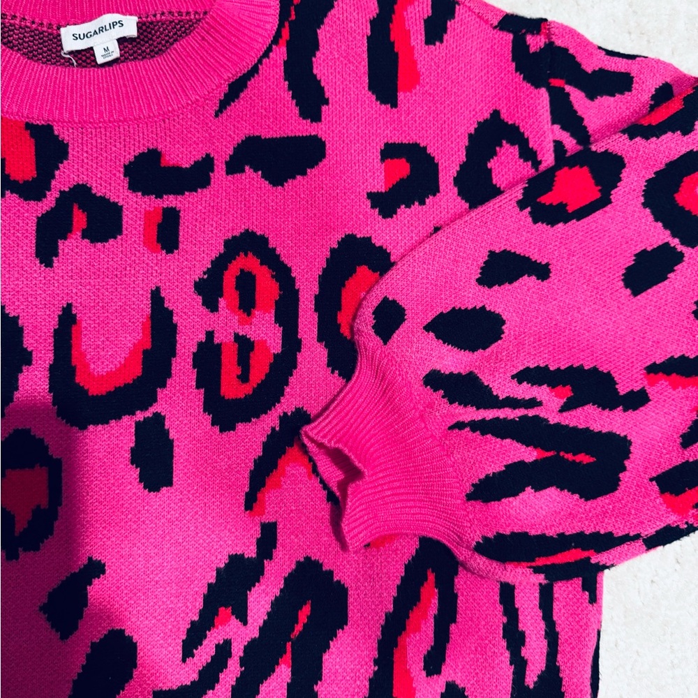 Sugarlips Pink and Black Leopard Print/Animal print Sweater - Picture 3 of 6